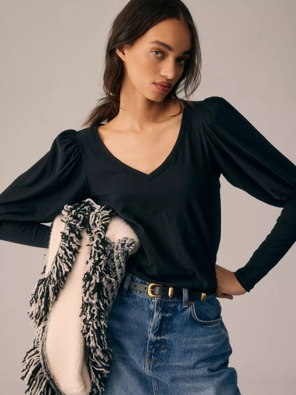 NATION LTD Emilia Black Slub Cotton Jersey V-Neck Puff Sleeve T-Shirt, Size S